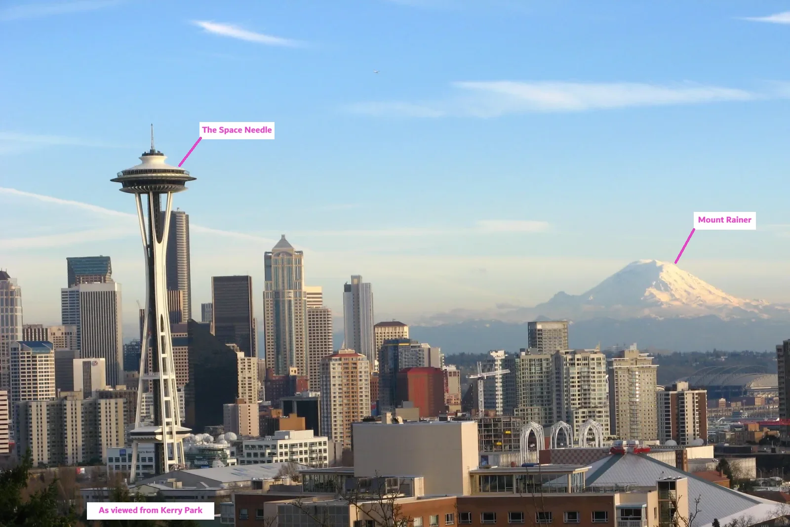 Seattle's Space Needle, a tall disc-topped tower on thin white legs, standing on the left in front of downtown towers under a clear blue sky, with the snow-covered cone of Mount Rainier on the right horizon. Labels mark the Space Needle and Mount Rainier, and note that the view is from Kerry Park