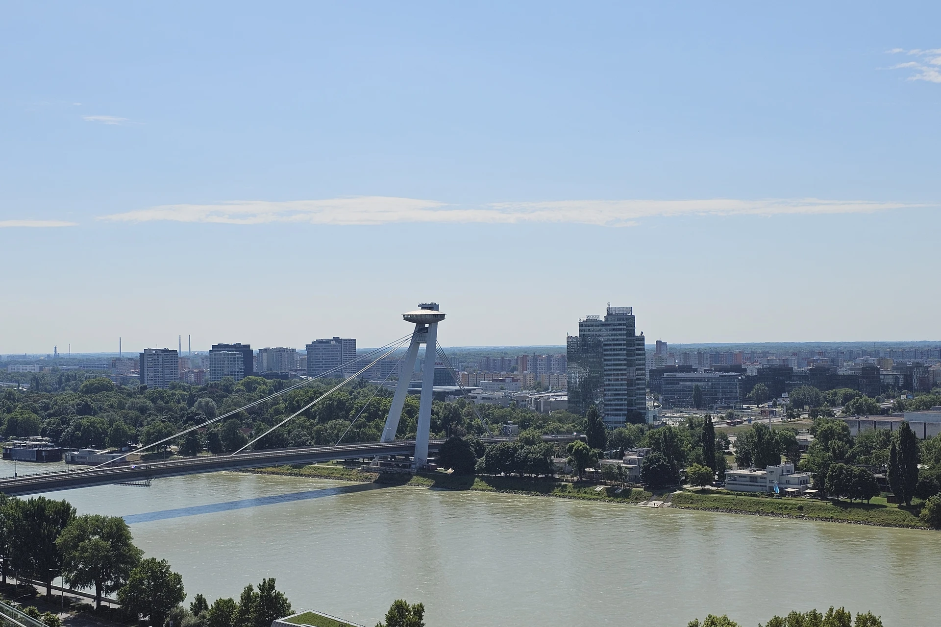 Most SNP UFO Observation Deck on River Danube viewed from the Bratislava castle