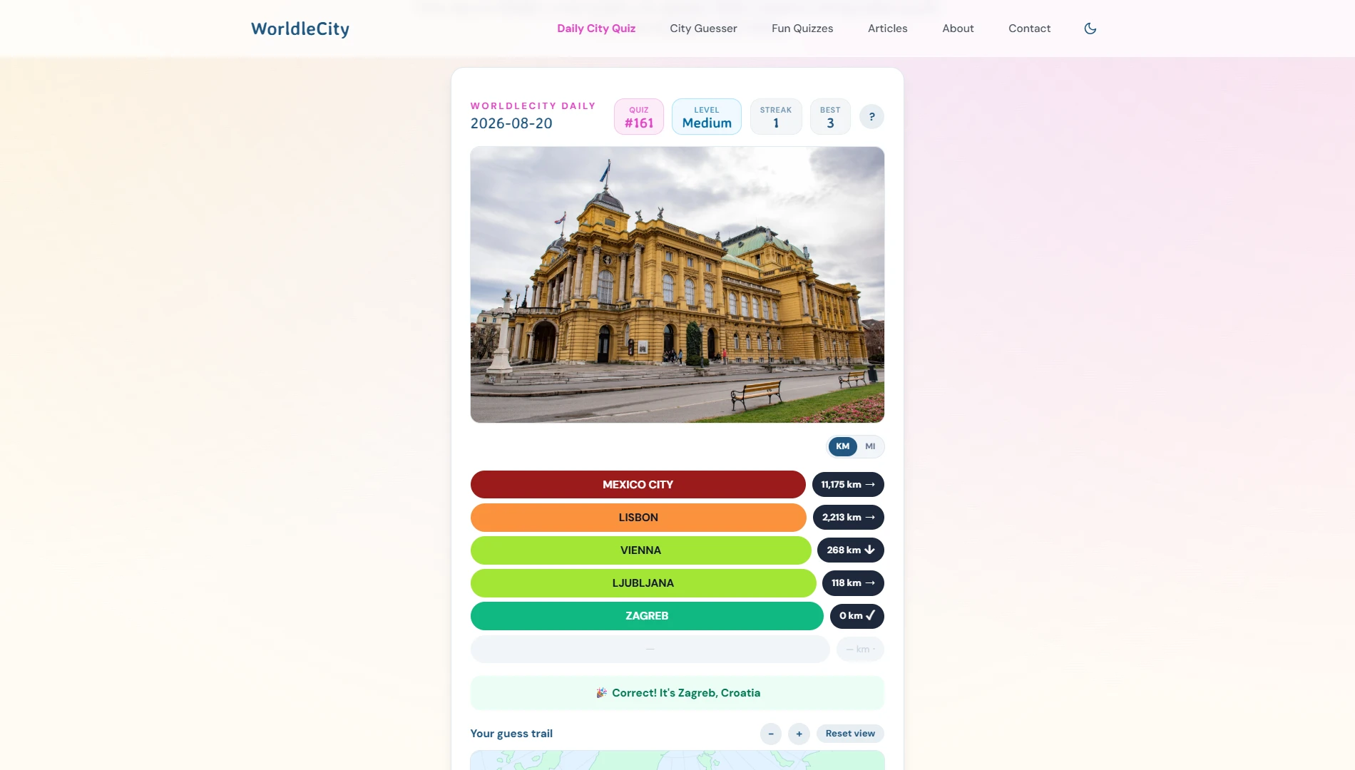 A solved WorldleCity daily city quiz showing five guesses narrowing from Mexico City to Zagreb, with distance and direction shown for each
