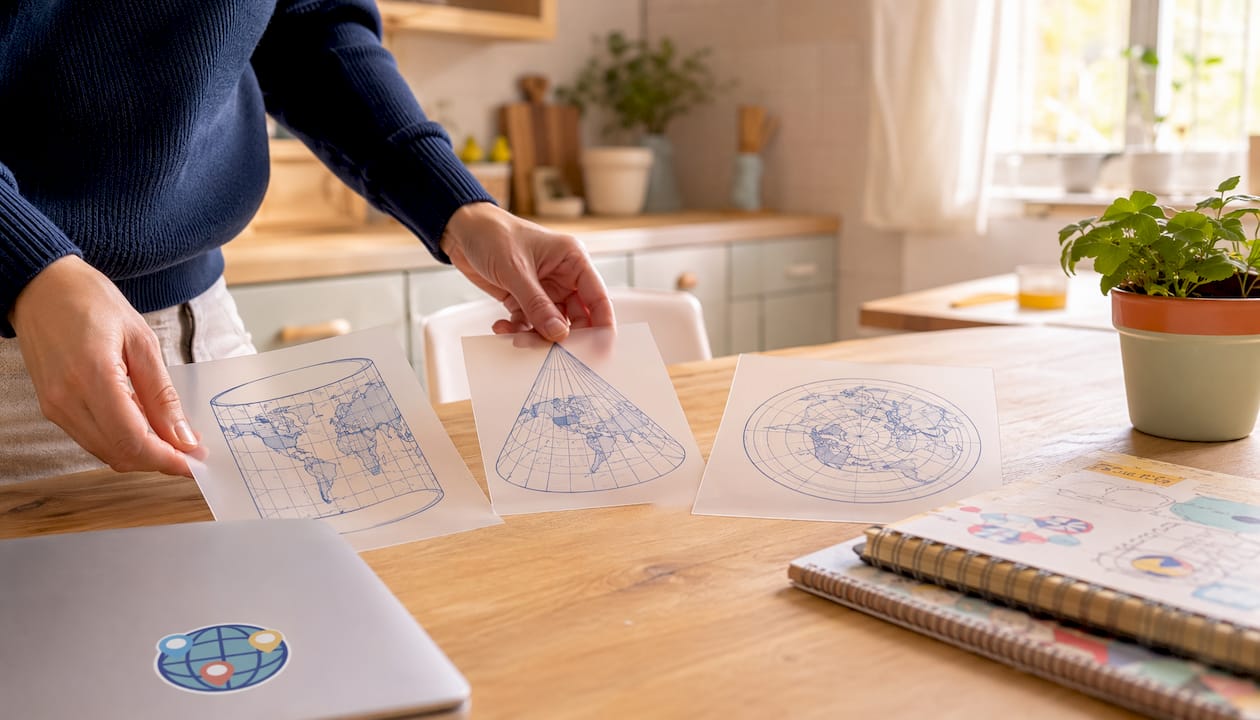 Hands arranging stylized map projection sheets on a table