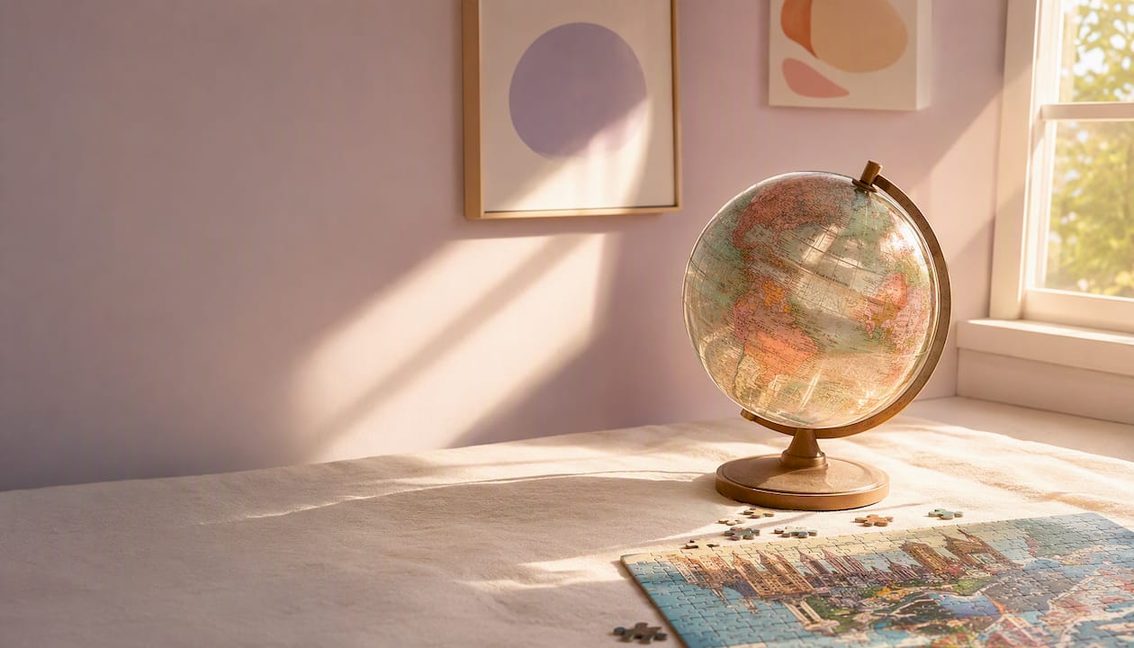Vintage globe projecting onto a glass cylinder