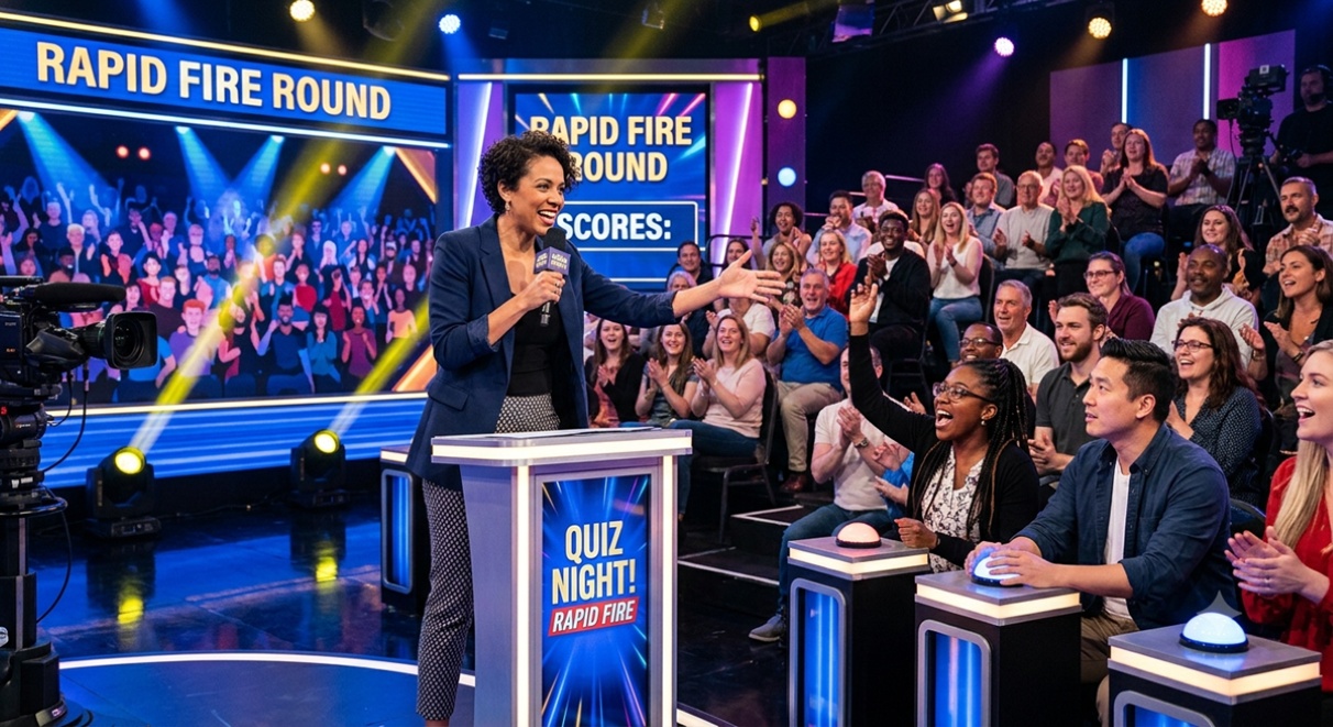 Quiz host running a rapid fire round with a diverse group of people